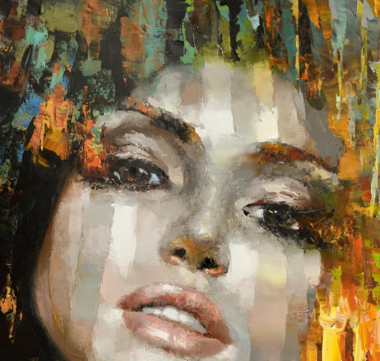 Close-up detail of woman portrait painting with soft expression and golden tones