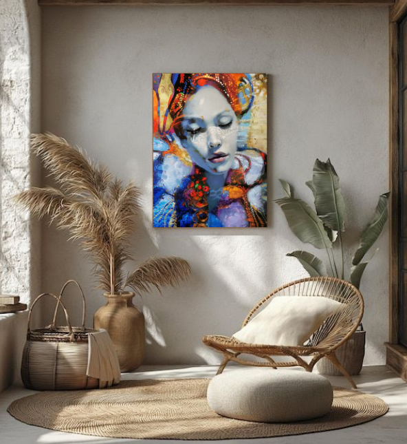 Colorful woman portrait painting displayed in a stylish living room