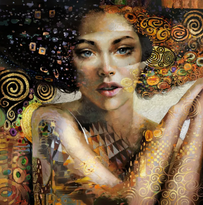 Modern woman portrait painting with ornamental details and warm colors