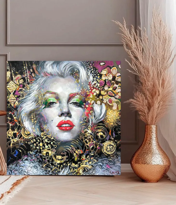 Colorful woman portrait painting displayed in modern home decoration