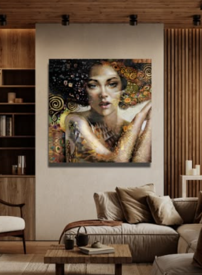 Woman portrait painting displayed in a modern living room interior