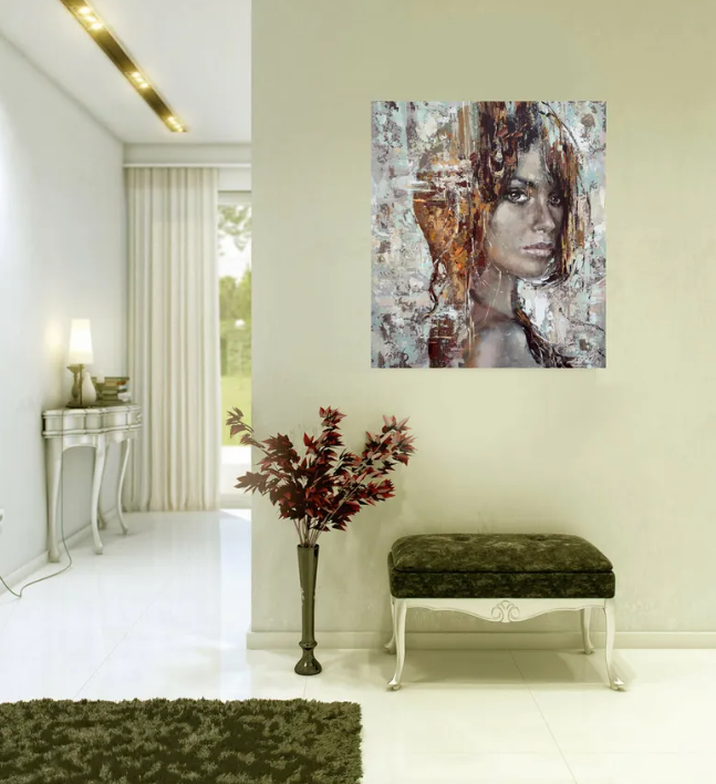 Woman portrait painting displayed in a modern interior design setting