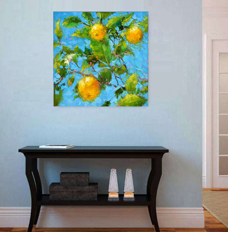 Botanical still life painting titled Yellow Lemons Branch, featuring ripe yellow lemons, natural light, and a fresh Mediterranean-inspired composition