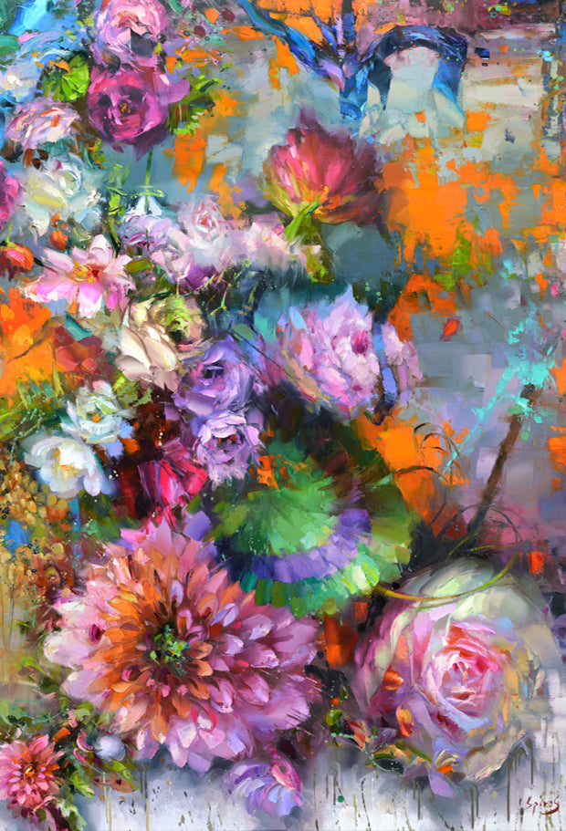 Abstract floral painting with vibrant colorful flowers, expressive brushstrokes, and layered textures creating a dynamic modern composition
