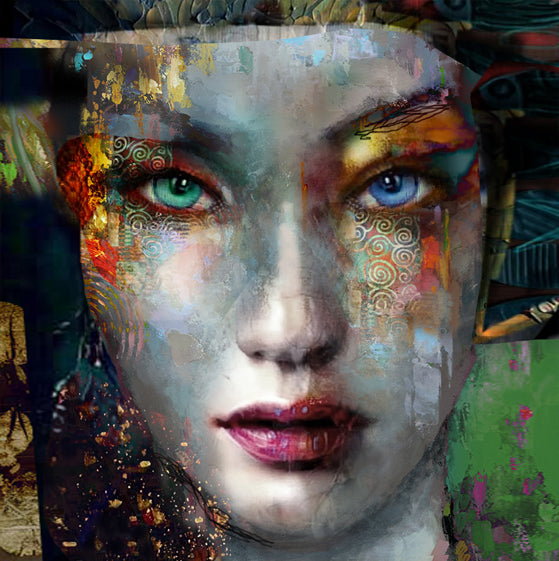 A close-up view of a colorful abstract face portrait with a mix of warm and cool colors, featuring a head slightly tilted, with a background that blends into the figure.