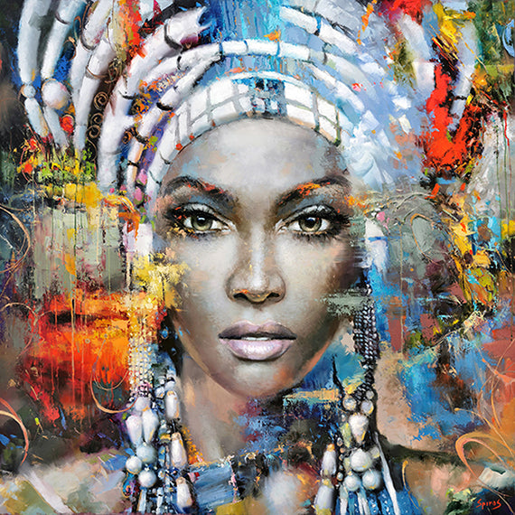 Abstract portrait painting of an Afro American woman with expressive brushstrokes, bold colors, and modern artistic style