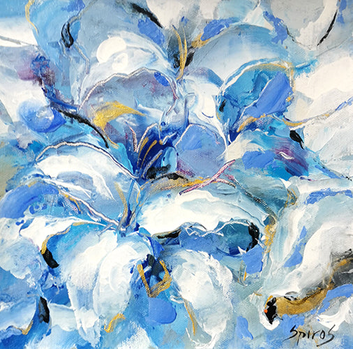 dmitry spiros abstract blue & white flowers painting
