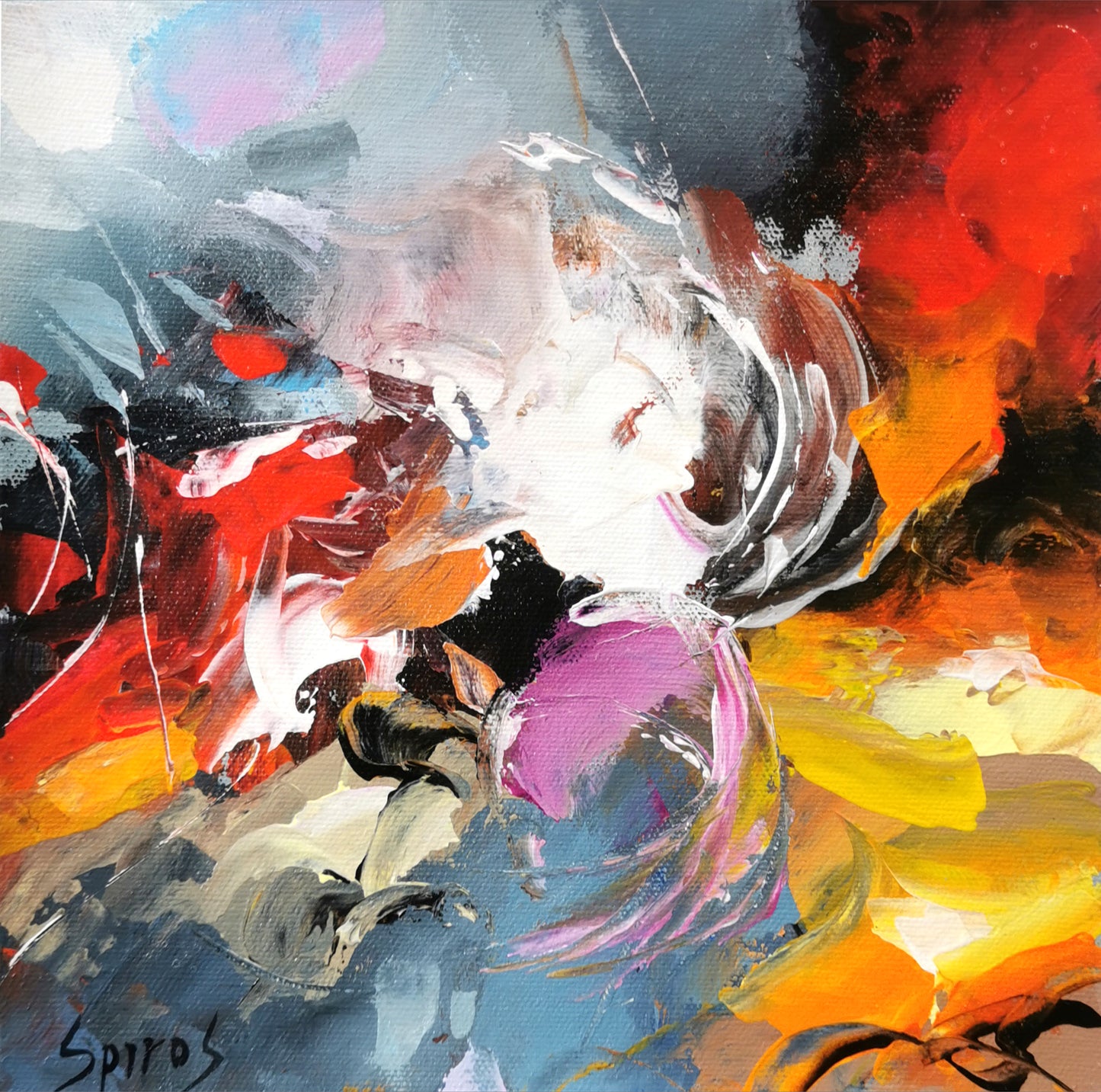 Imagine a painting where abstract flowers bloom with an explosion of black, yellow, and orange hues. The background is a vibrant canvas, splashed with varying shades of black that create depth and mystery. Amidst this dark backdrop, large swathes of yellow and orange burst forth, resembling petals in a wild, unrestrained dance.