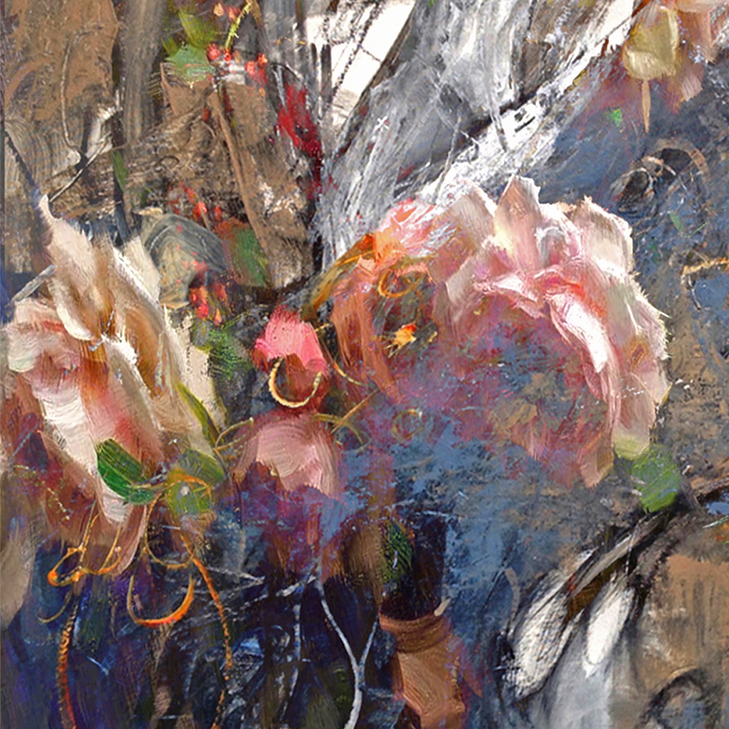 Abstract floral painting with white flowers and soft textured brushstrokes, contemporary artwork by Dmitry Spiros