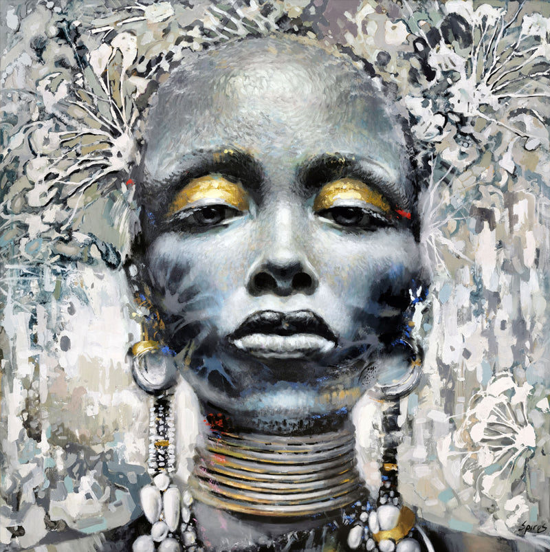 Naema, dark black and white female portrait painting with an expressive gaze and textured artistic details
