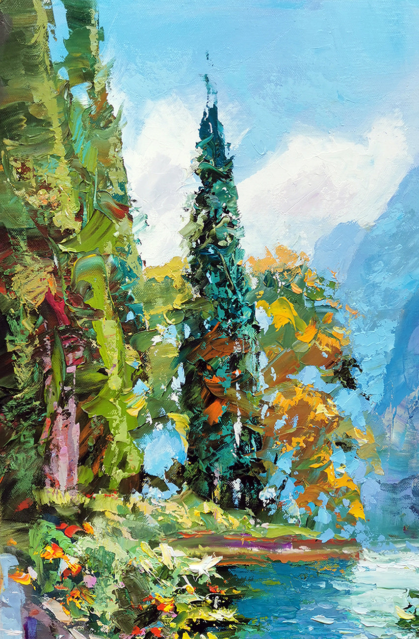 Sunny Italian landscape artwork with lake and mountains