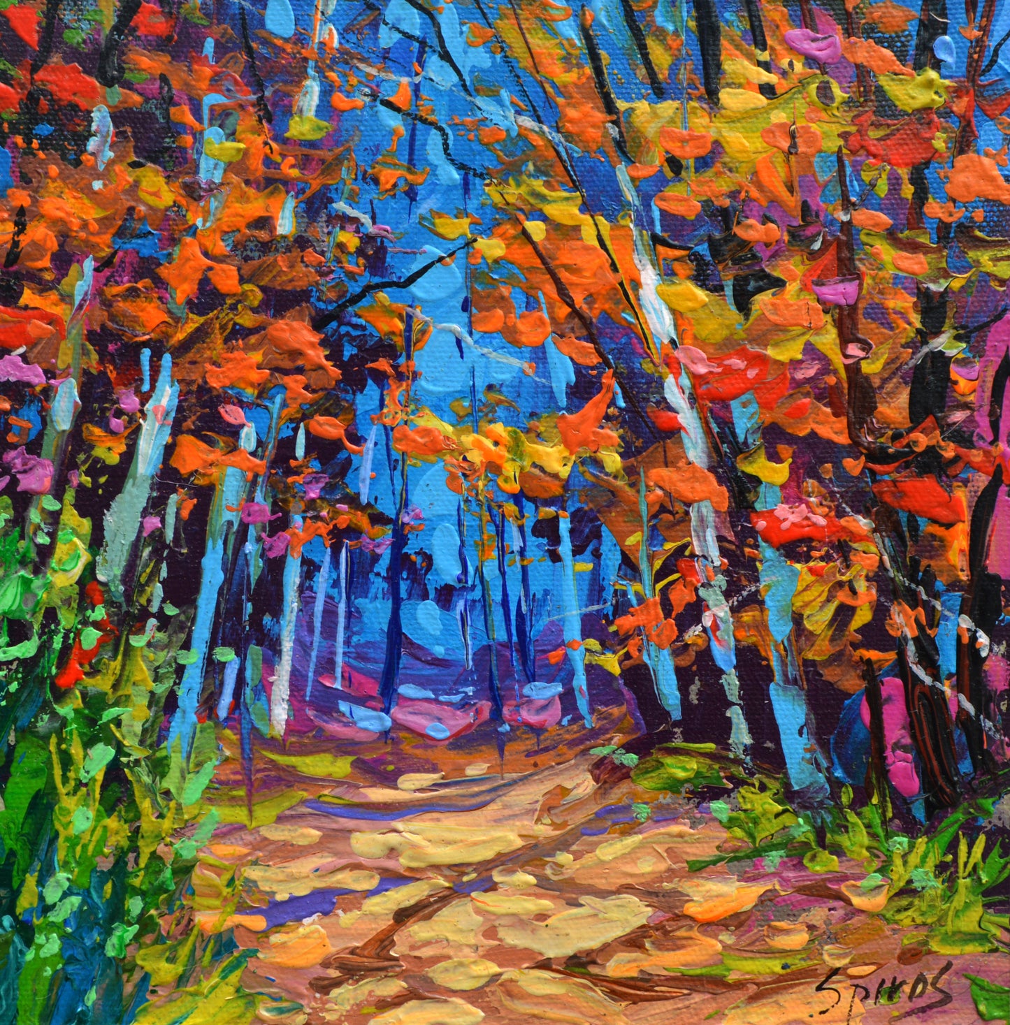 Abstract autumn forest painting with warm orange, red, and golden tones, expressive brushstrokes, and a dreamy seasonal atmosphere.