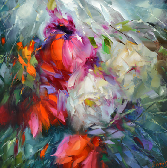 Abstract flowers painting with expressive brushstrokes and soft neutral tones by Dmitry Spiros, contemporary floral artwork on canvas