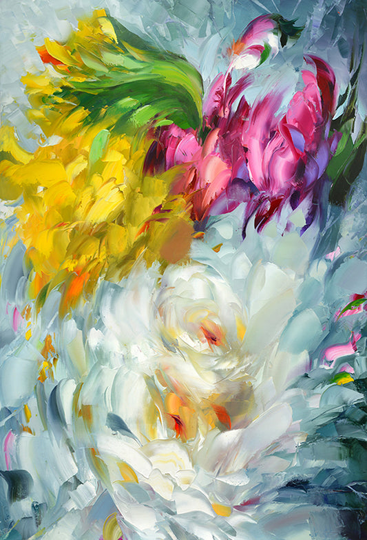 Abstract flowers paradise painting featuring vibrant colors, expressive brushstrokes, and a dreamy floral composition by artist Dmitry Spiros
