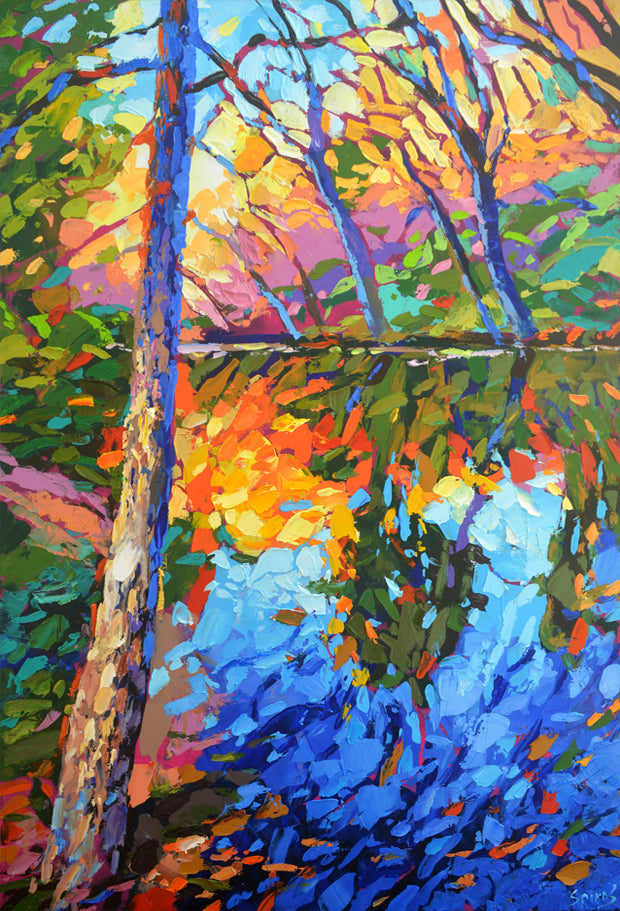 Abstract impressionism autumn forest painting with warm orange and gold tones, expressive brushstrokes, and textured foliage