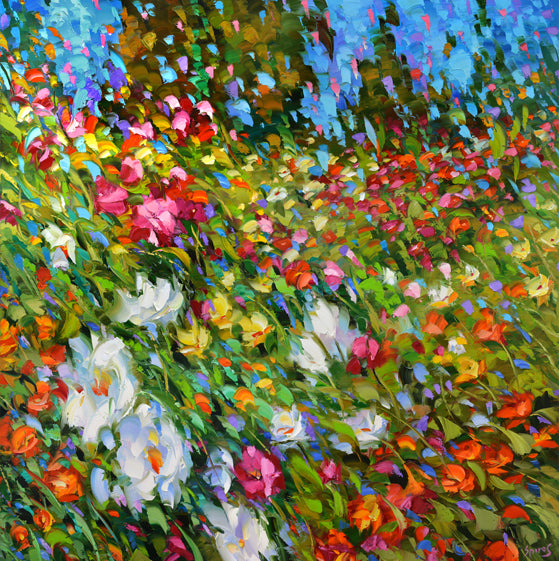 Abstract painting of colorful wildflowers with expressive brushstrokes and vibrant movement