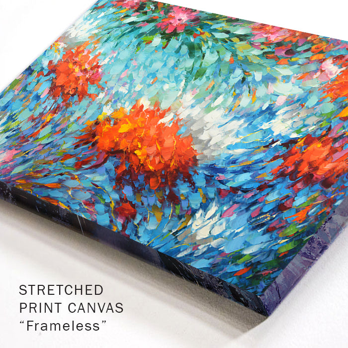 Close-up canvas texture of blue abstract flower painting