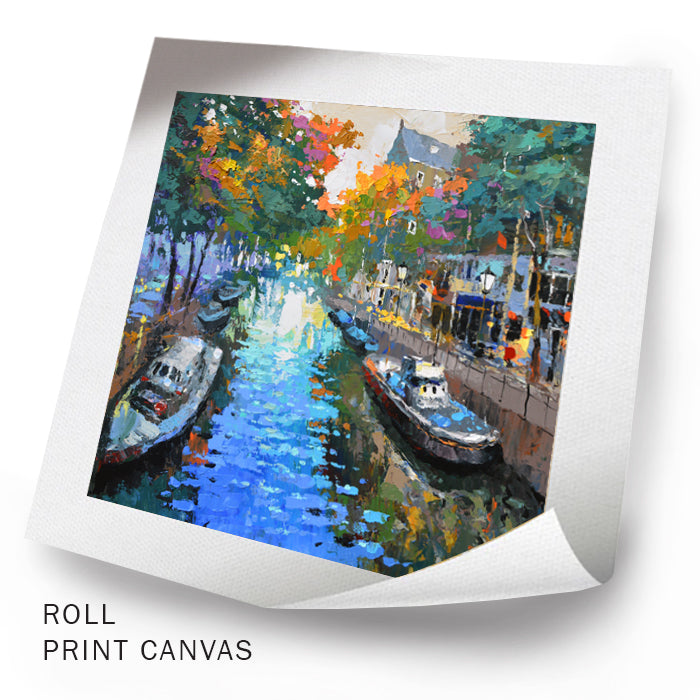 Unframed Amsterdam autumn cityscape painting showing canal and fall trees