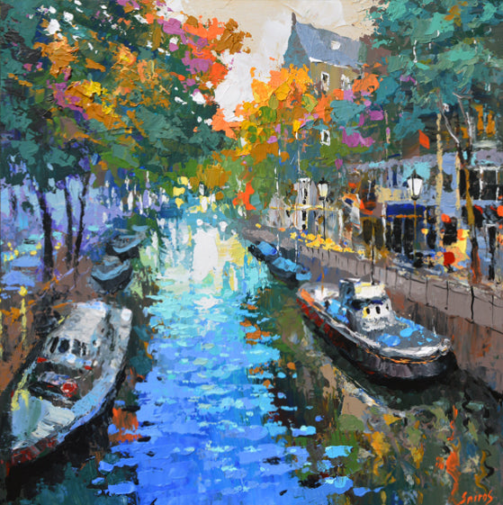 Amsterdam canal autumn painting with fall colors, trees and water reflections