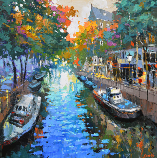 Amsterdam canal autumn painting with fall colors, trees and water reflections