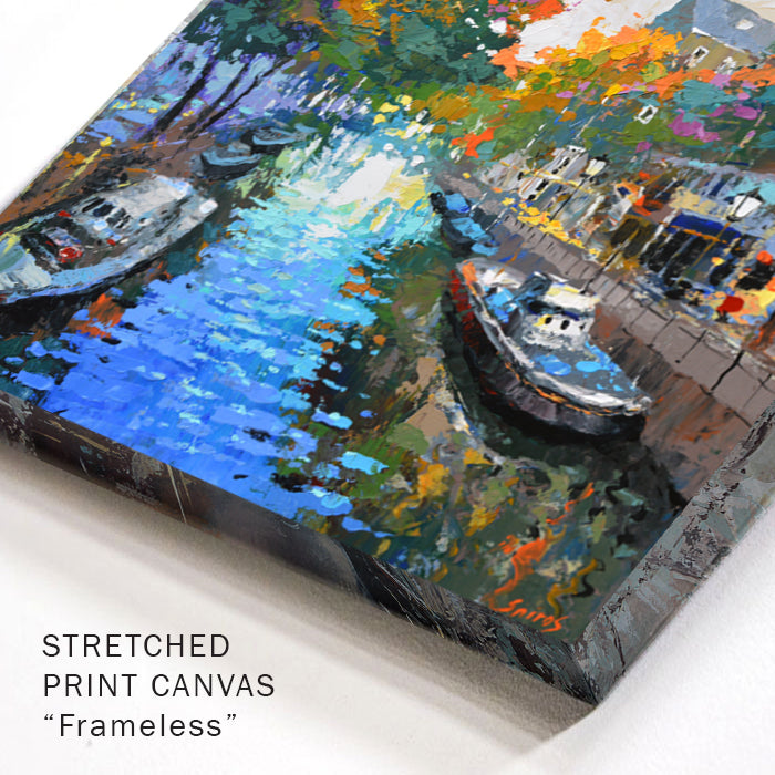 Close-up canvas detail of Amsterdam canal autumn painting with visible texture