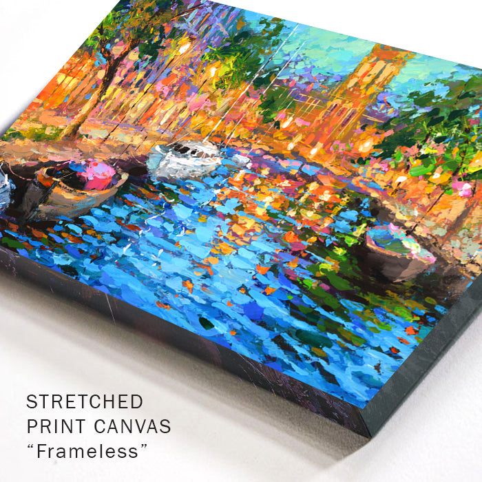 Close-up canvas corner detail highlighting layered paint, texture, and shimmering canal reflections
