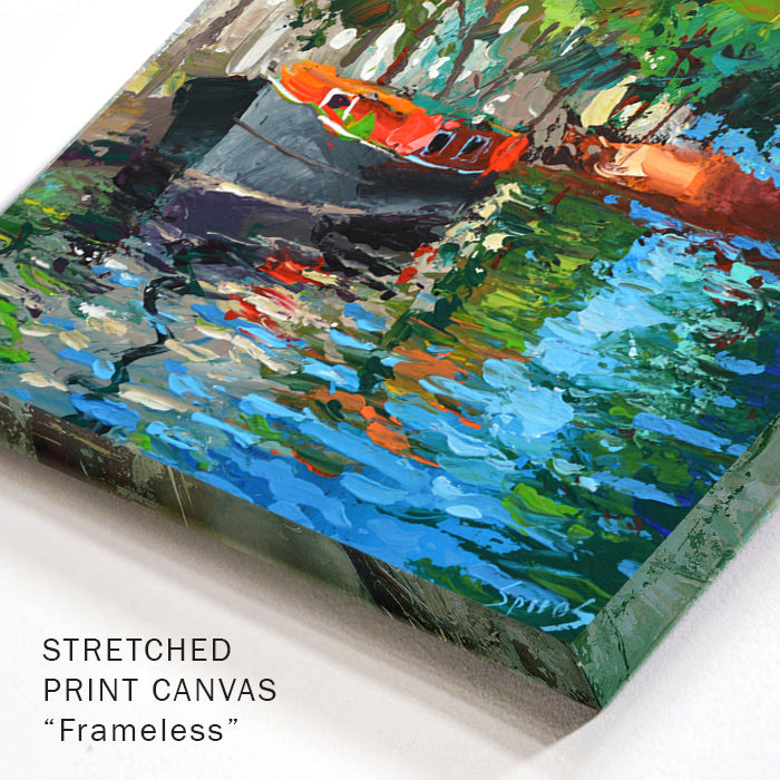 Close-up canvas corner detail highlighting texture, layered paint, and canal reflections