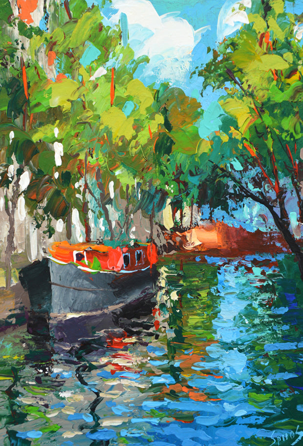 Amsterdam canal cityscape painting with daylight reflections, architecture, and calm urban atmosphere