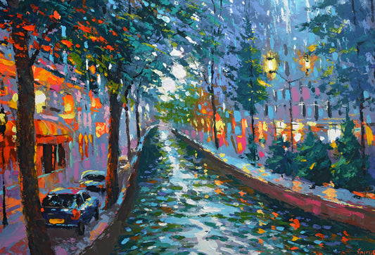 Evening canal painting with boats and warm city lights
