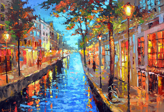 Amsterdam canal night painting with city lights and reflections on the water