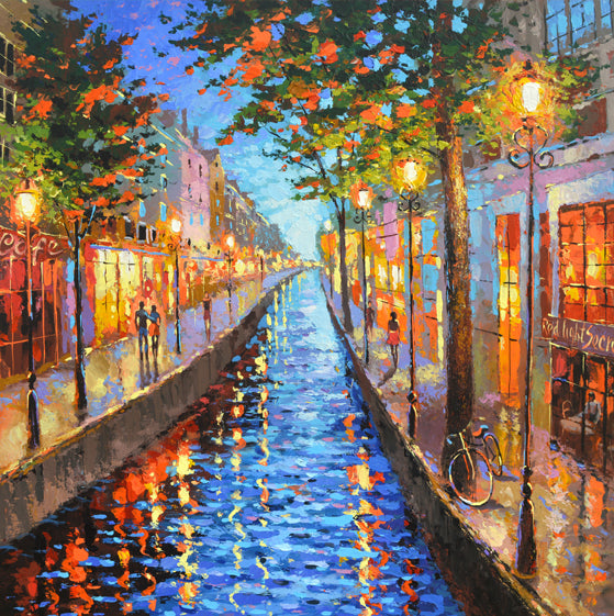 Amsterdam canal painting at night with city lights and reflections