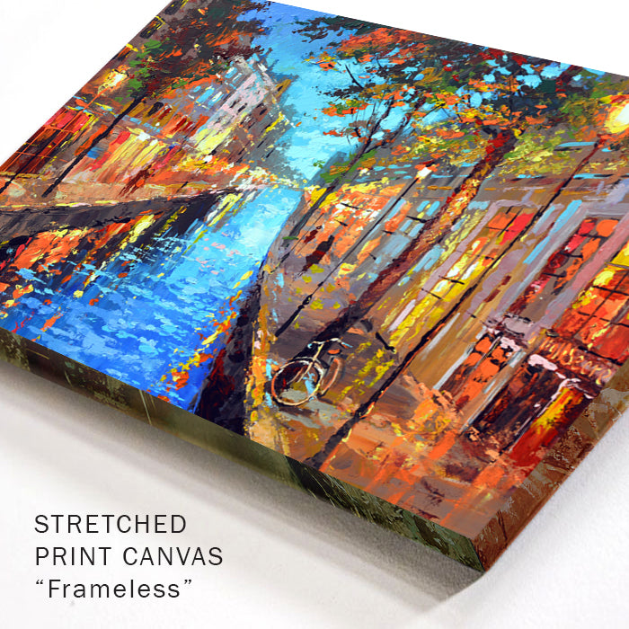 Close-up canvas detail of Amsterdam canal painting with visible texture