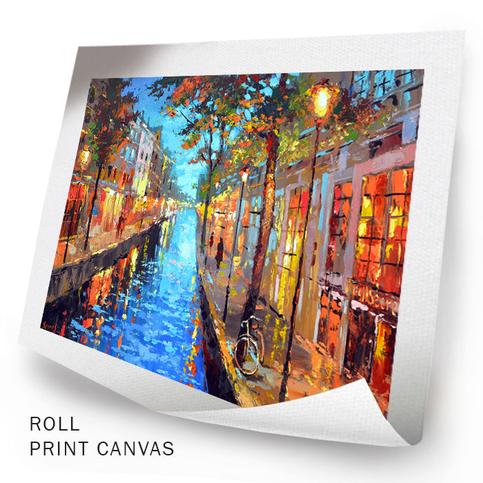 Unframed Amsterdam canal painting showing night city scene