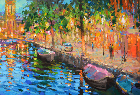 Amsterdam canal summer cityscape painting with bright daylight, reflections on water, and European architecture