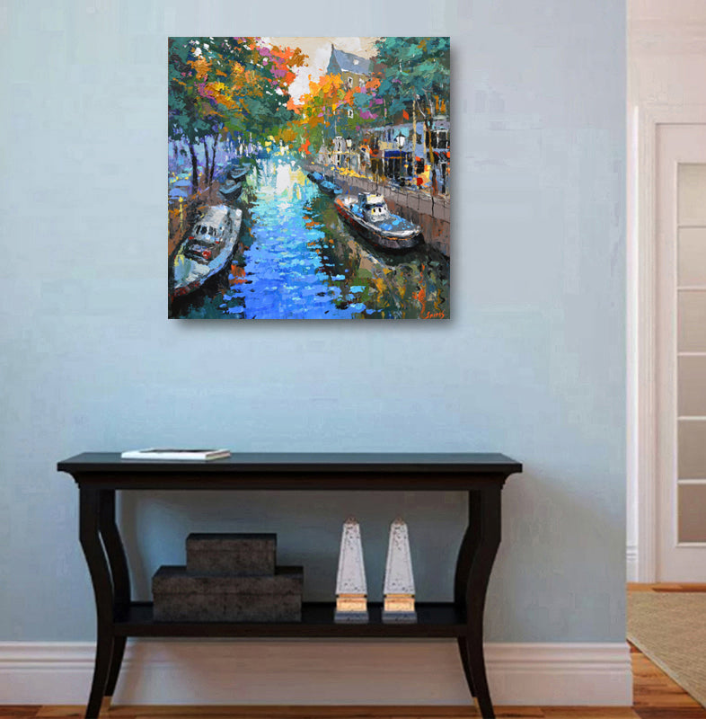 Amsterdam canal autumn wall art displayed in a modern home interior