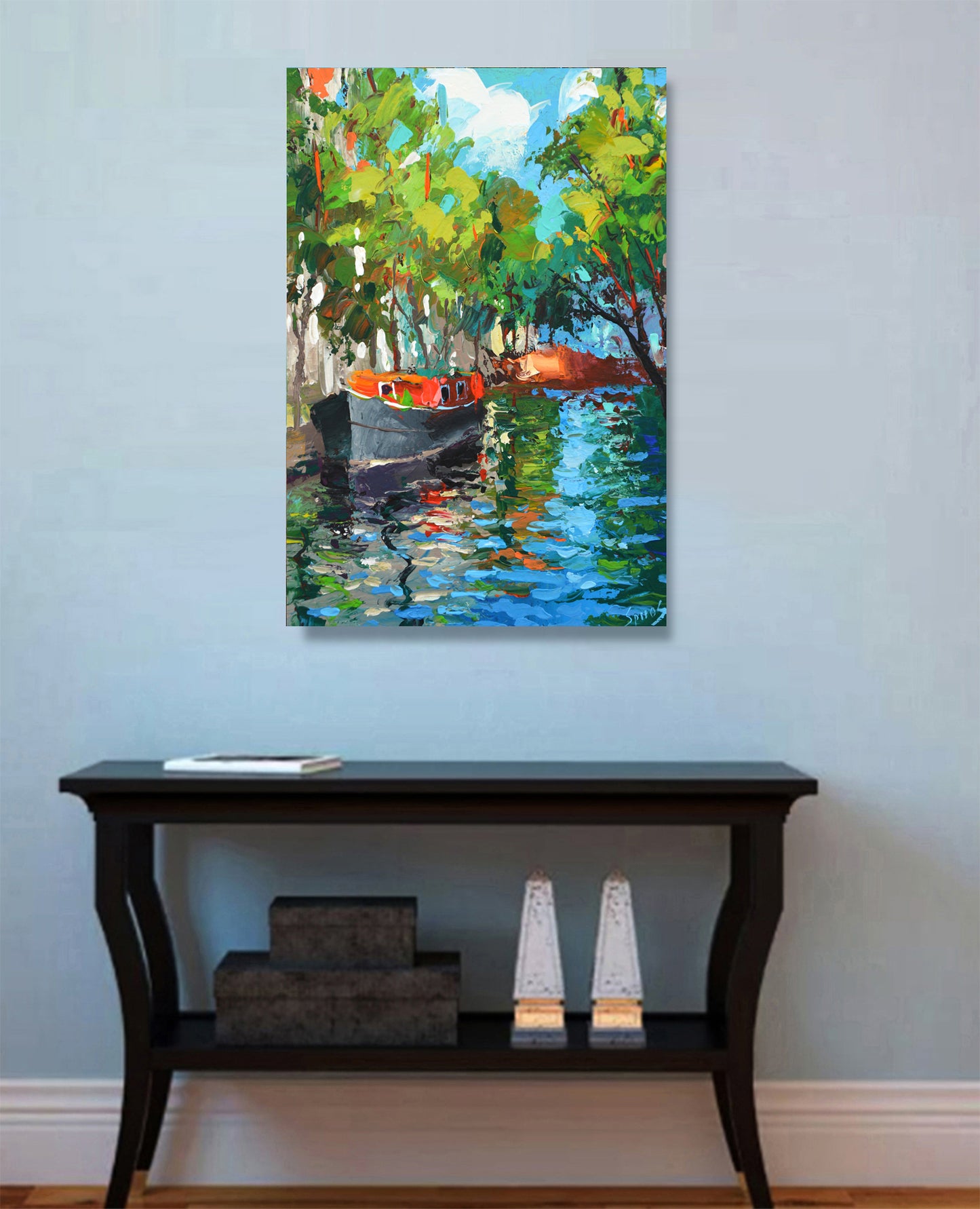 Amsterdam canal wall art displayed in a modern interior, adding European charm and calm ambiance