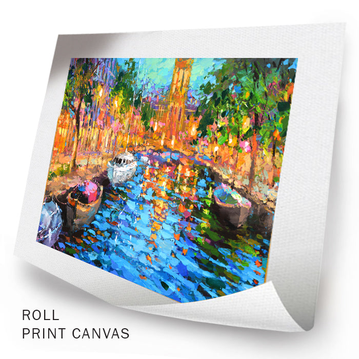 Unframed Amsterdam cityscape canvas artwork showing summer light, canal scenery, and expressive brushwork