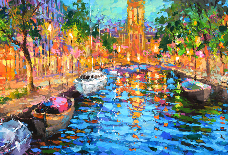Amsterdam canal painting with traditional Dutch houses and water reflections