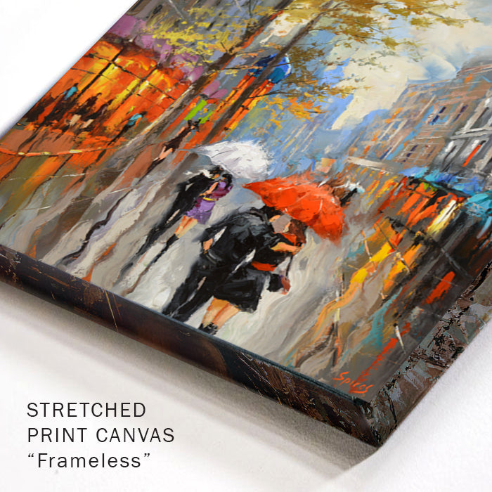 Corner detail of rainy autumn street painting with reflections