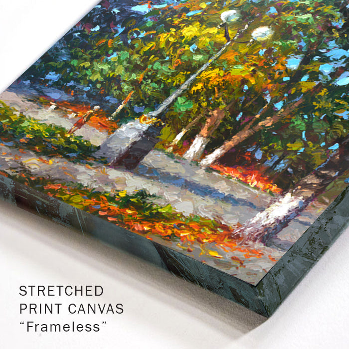 Corner detail of autumn landscape painting with warm tones
