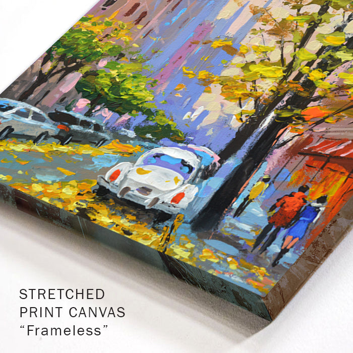 Corner detail of autumn street painting with falling leaves