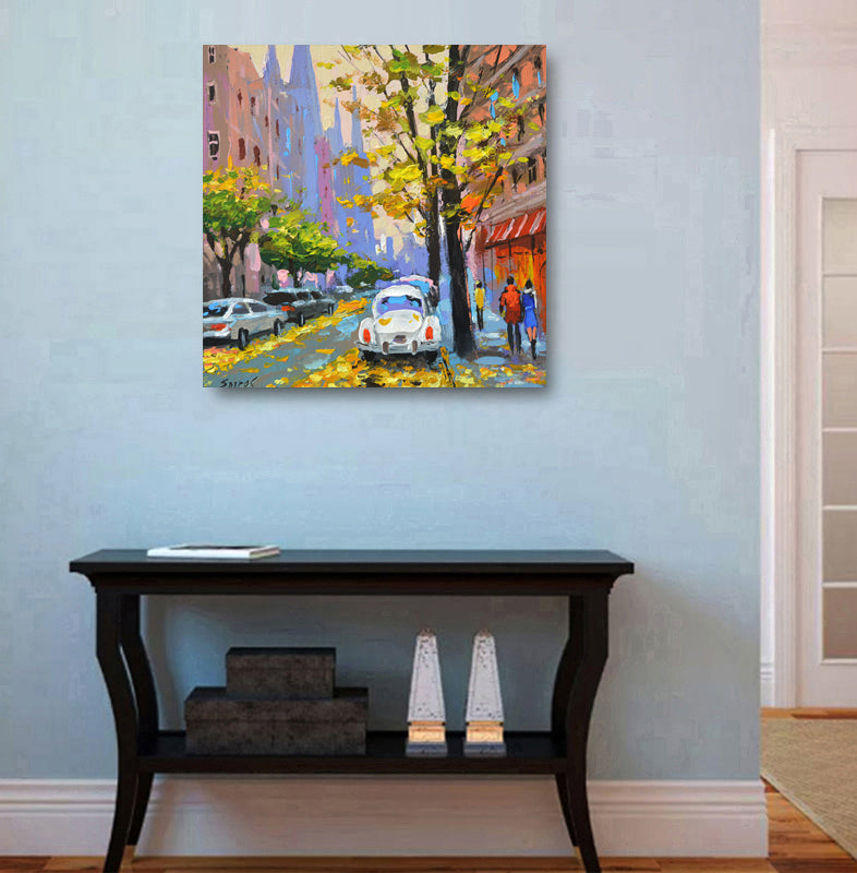 Autumn evening city street painting displayed in home interior