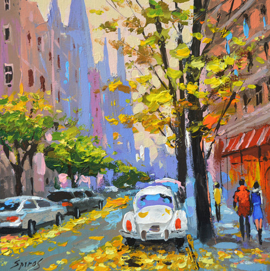 Autumn evening city street painting with falling leaves