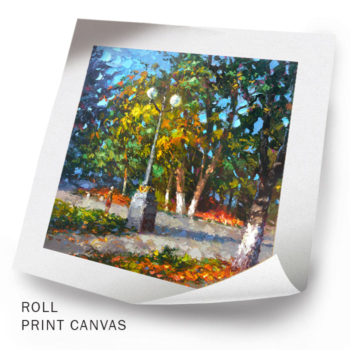 Unframed autumn park painting with trees and path