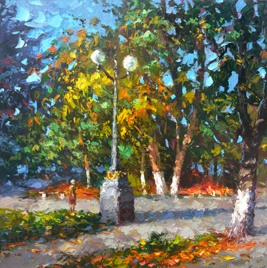 Autumn park painting with early fall colors and soft light