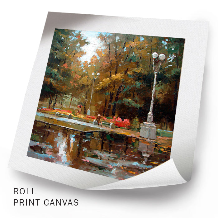 Unframed autumn park painting showing early fall nature scene