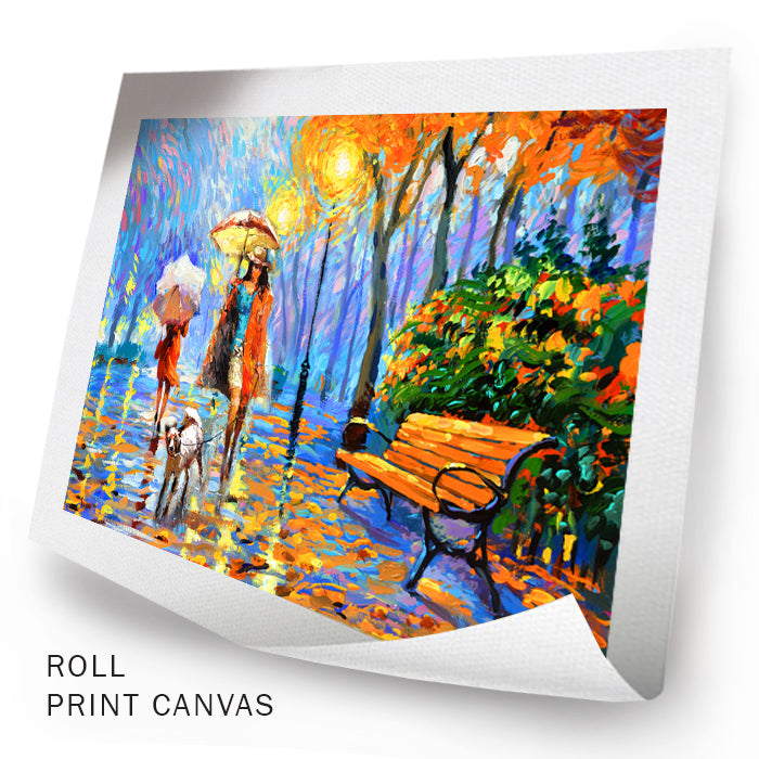Unframed autumn park painting showing rainy fall landscape