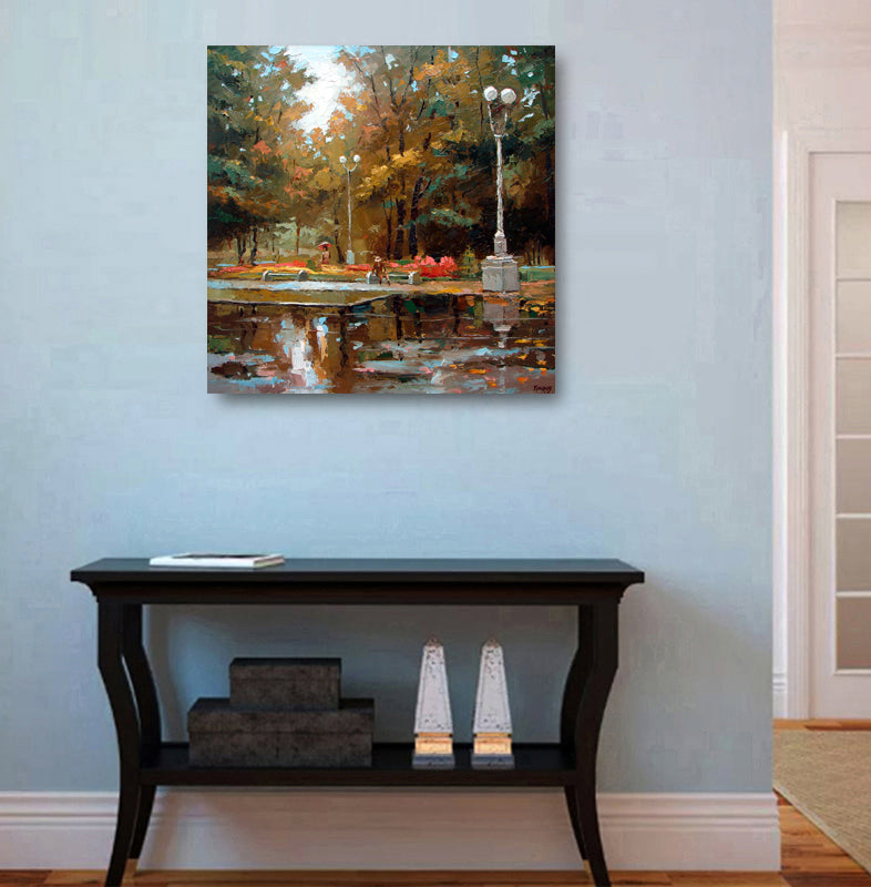 Autumn park wall art displayed in a modern home interior