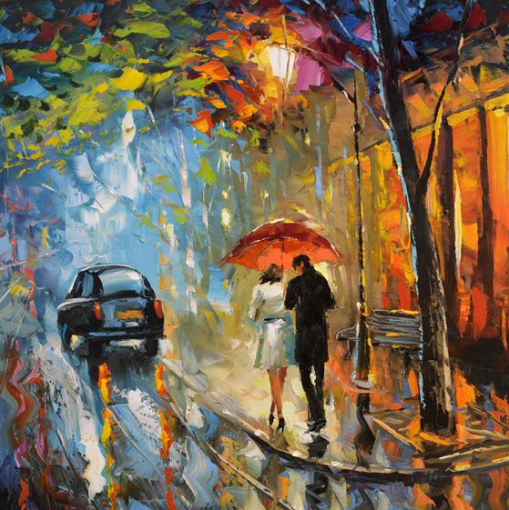 City painting of couple walking on street in autumn rain