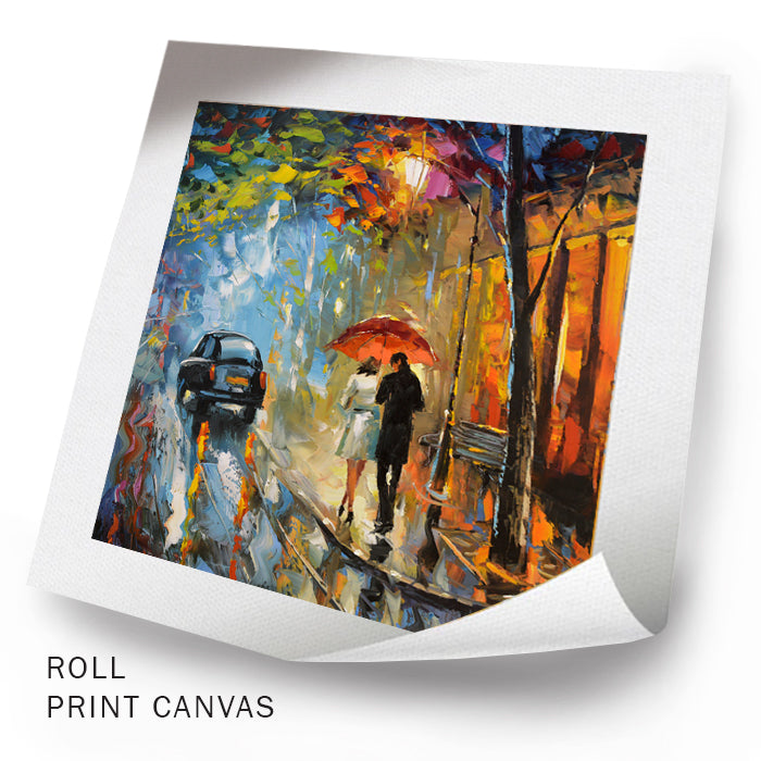 Unframed autumn rain city painting with couple walking